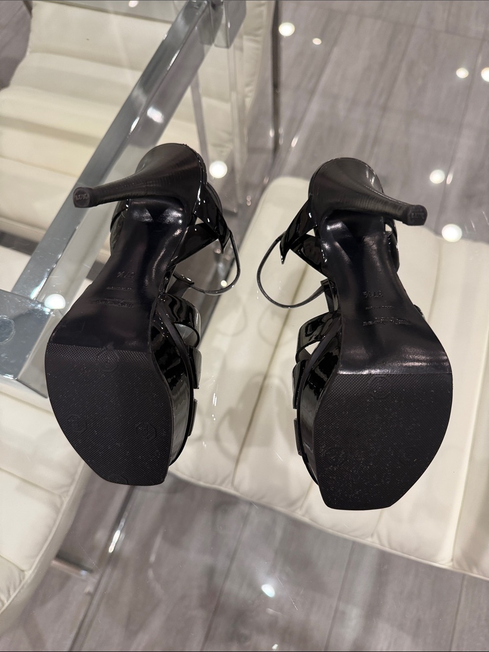 Saint Laurent Black Patent Leather Braided T-Strap Heel Sandals - Picture 9 of 12